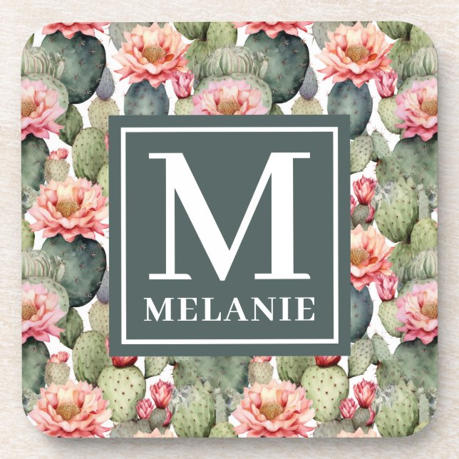 Cactus Pattern Pink Flowers Monogram Coaster (Front)