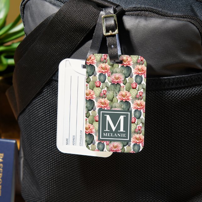 Cactus Pattern Pink Flowers Monogram Luggage Tag (Creator Uploaded)