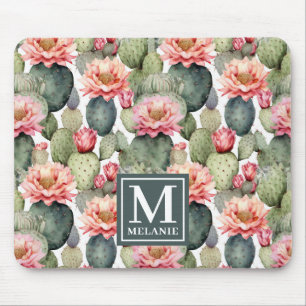 Cactus Pattern Pink Flowers Monogram Mouse Mat