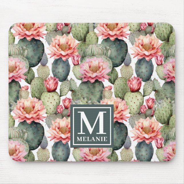 Cactus Pattern Pink Flowers Monogram Mouse Mat (Front)