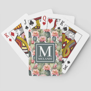 Cactus Pattern Pink Flowers Monogram Playing Cards