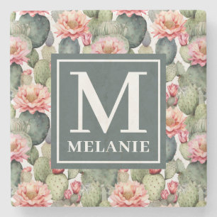 Cactus Pattern Pink Flowers Monogram Stone Coaster