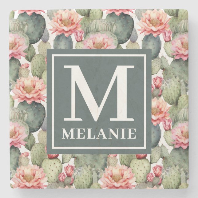 Cactus Pattern Pink Flowers Monogram Stone Coaster (Front)
