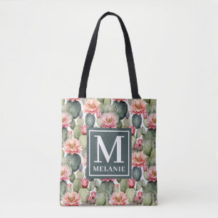 Cactus Pattern Pink Flowers Monogram Tote Bag