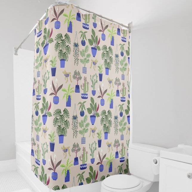 Cactus Pattern Pink Shower Curtain (Cactus cacti and succulents - houseplants in blue pots on a blush pink background)