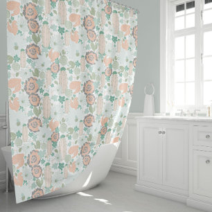 Cactus Pattern Print Cute Coral Mint Green White Shower Curtain