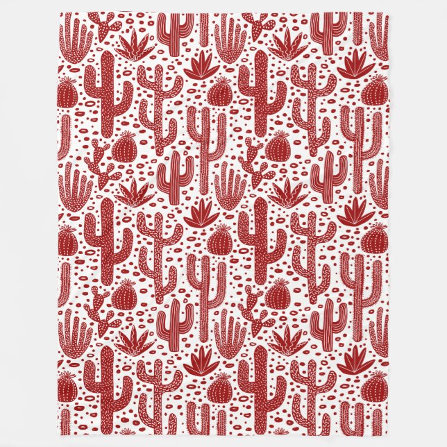 Cactus Pattern - Ruby Red and White Fleece Blanket (Front)