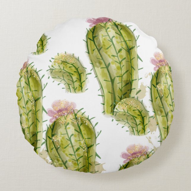 Cactus pattern watercolor round cushion (Front)