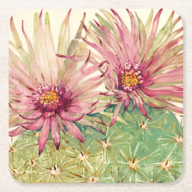Cactus Pink Blossoms Square Paper Coaster (Front)