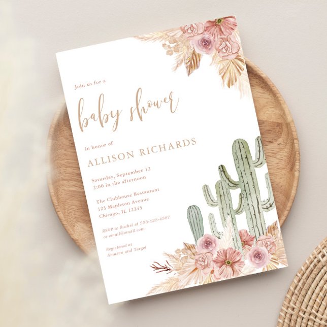 Cactus pink floral boho bohemian girl baby shower invitation (Creator Uploaded)