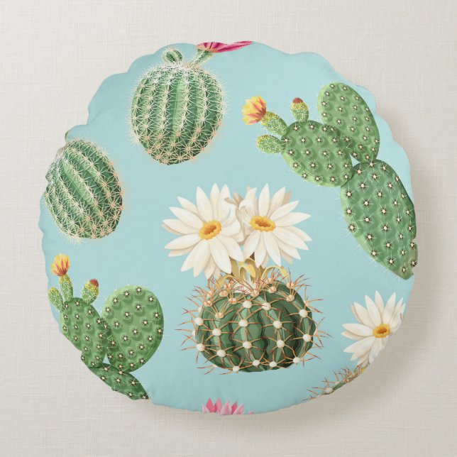 Cactus, pink flowers: light decor round cushion (Front)