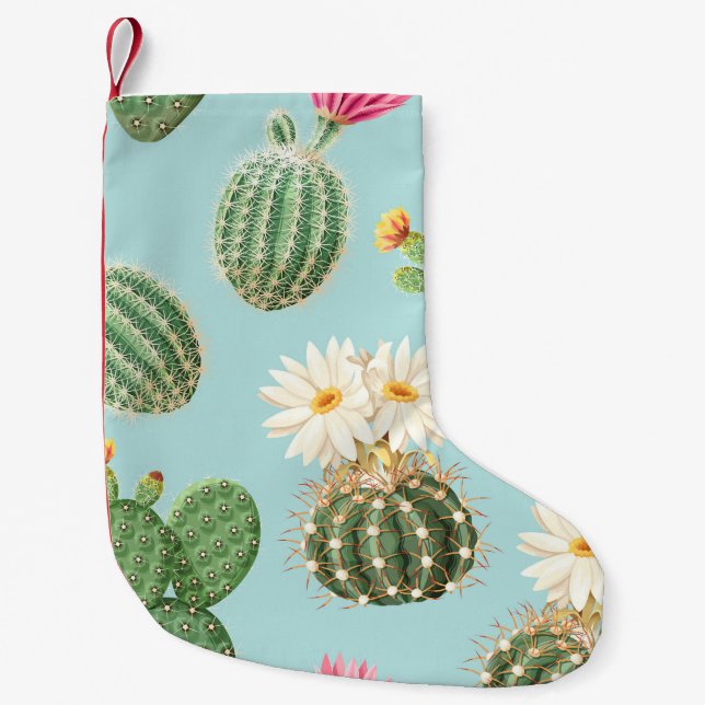 Cactus, pink flowers: light decor small christmas stocking (Front)