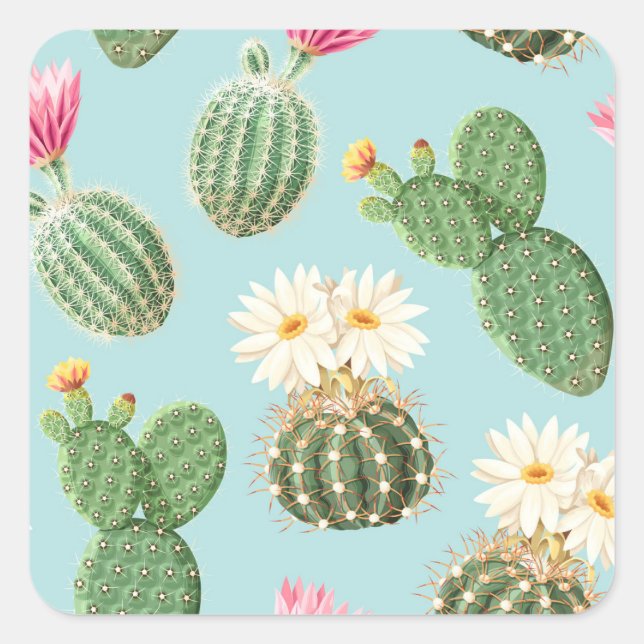 Cactus, pink flowers: light decor square sticker (Front)