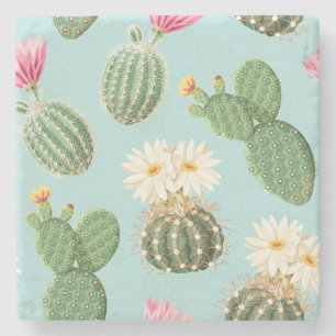 Cactus, pink flowers: light decor stone coaster