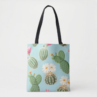 Cactus, pink flowers: light decor tote bag