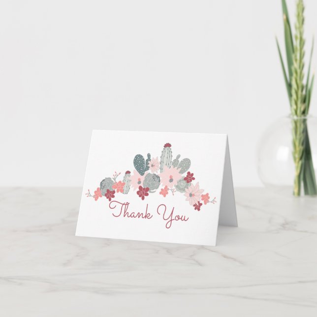 Cactus Pink Mint Succulents Desert Flower Motif Thank You Card (Front)