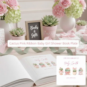 Cactus Pink Ribbon Baby Girl Shower Book Plate Square Sticker