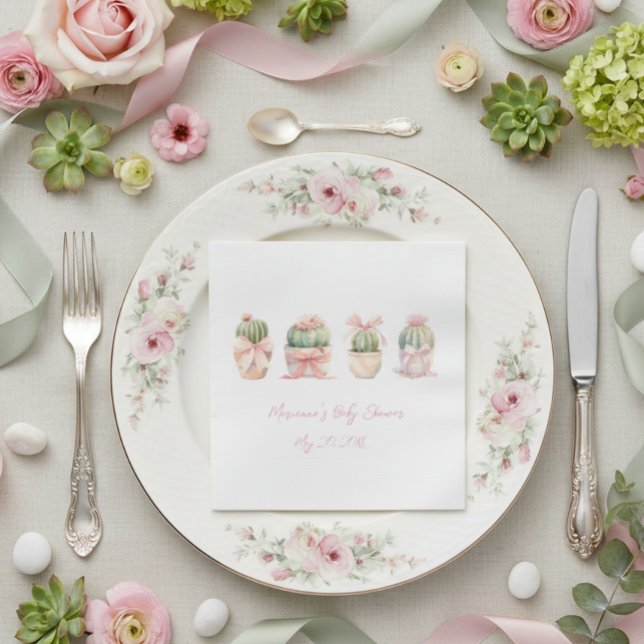 Cactus Pink Ribbon Baby Girl Shower Napkins (Creator Uploaded)