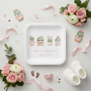 Cactus Pink Ribbon Baby Girl Shower Paper Plate