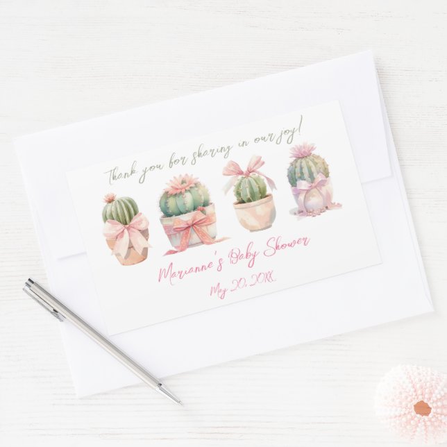 Cactus Pink Ribbon Baby Girl Shower Thank You Rectangular Sticker (Envelope)