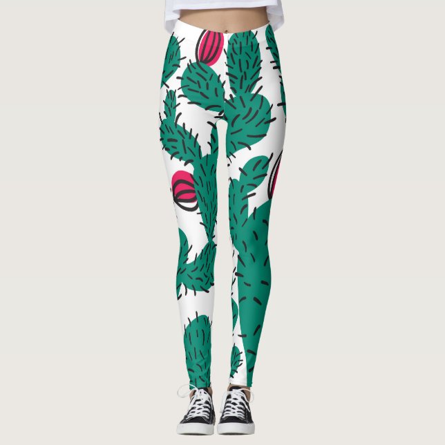 Cactus plant, vintage green seamless pattern. leggings (Front)