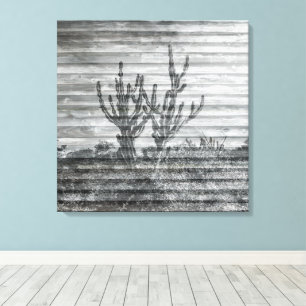 Cactus Plants On Wood Planks Black And White Photo Canvas Print