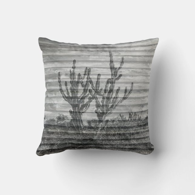 Cactus Plants On Wood Planks Black And White Photo Cushion (Back)