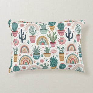 Cactus Pot with Plants, Flowers and Rainbows Decorative Cushion