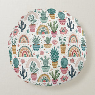 Cactus Pot with Plants, Flowers and Rainbows Round Cushion