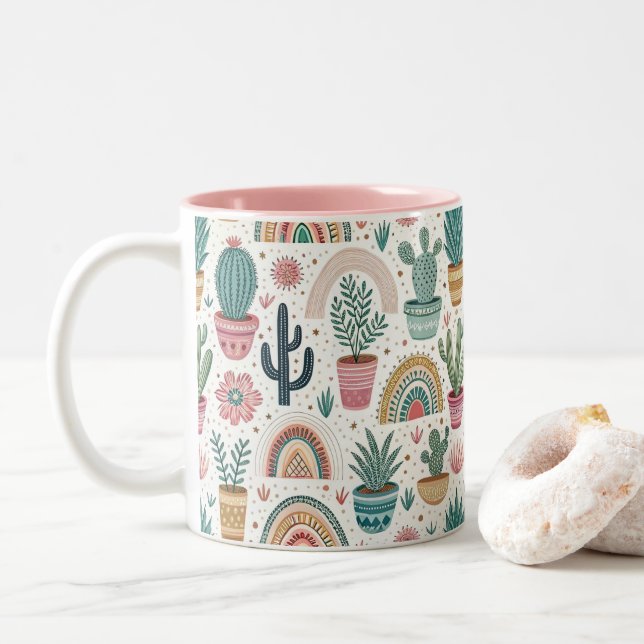 Cactus Pot with Plants, Flowers and Rainbows Two-Tone Coffee Mug (With Donut)