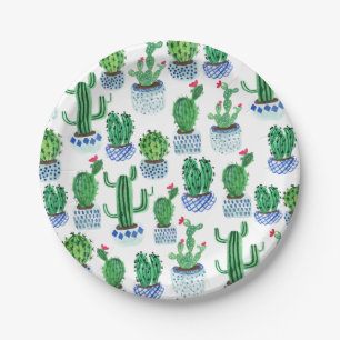 Cactus potted plants watercolor paper plate