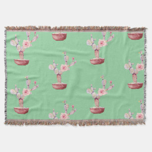 Cactus Prickly Pear Watercolor Green Throw Blanket