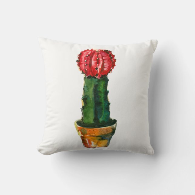 Cactus Red & Green Watercolor Southwestern Boho Cushion (Front)