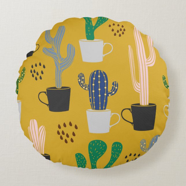 Cactus seamless pattern background. Hand drawn col Round Cushion (Front)