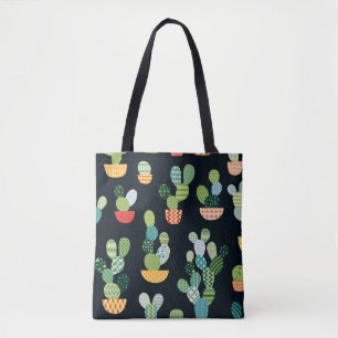 Cactus seamless pattern in patchwork style with pl tote bag