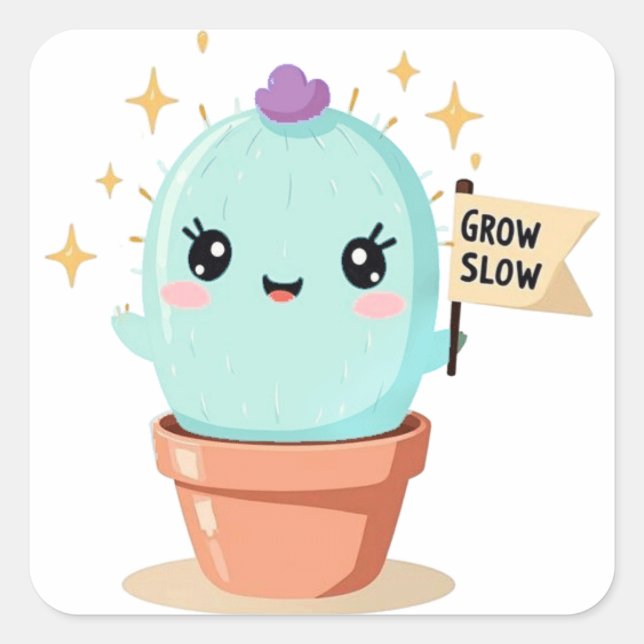 Cactus StickerGrow Slow  – Cute Kawaii Pastel Plan Square Sticker (Front)