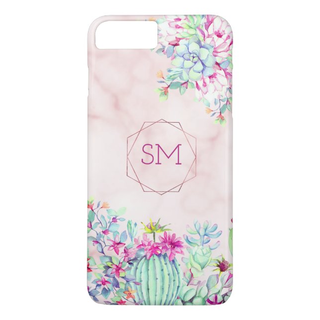Cactus Succulent Blush Marble Geometric Monogram Case-Mate iPhone Case (Back)