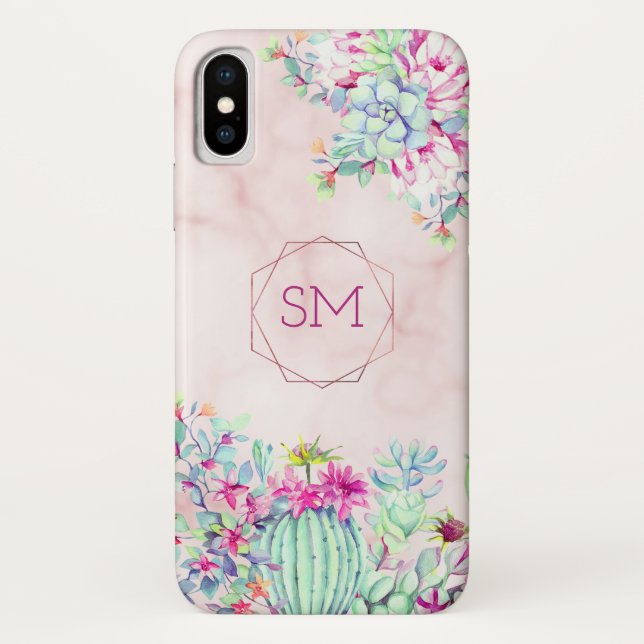 Cactus Succulent Blush Marble Geometric Monogram Case-Mate iPhone Case (Back)
