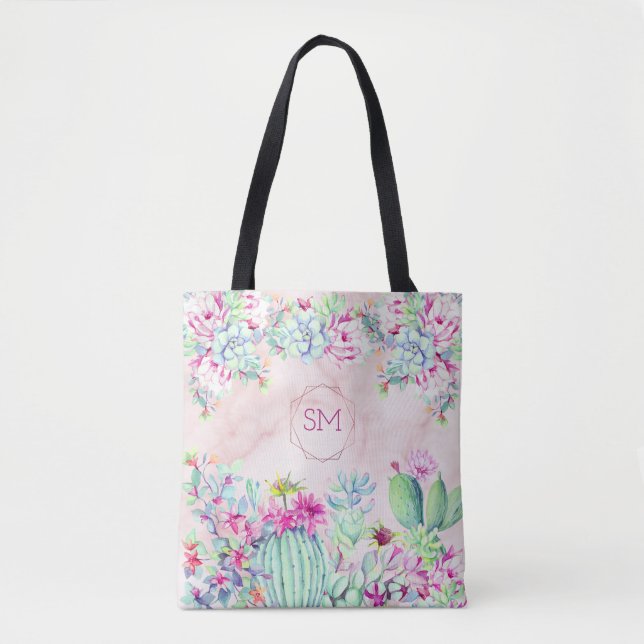 Cactus Succulent Blush  Marble Geometric Monogram Tote Bag (Front)