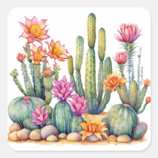 Cactus Succulent Botanical Watercolor Painting  Square Sticker