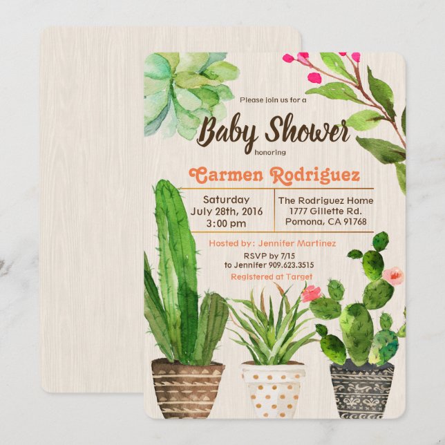 Cactus Succulent Floral Baby Shower Invitation (Front/Back)