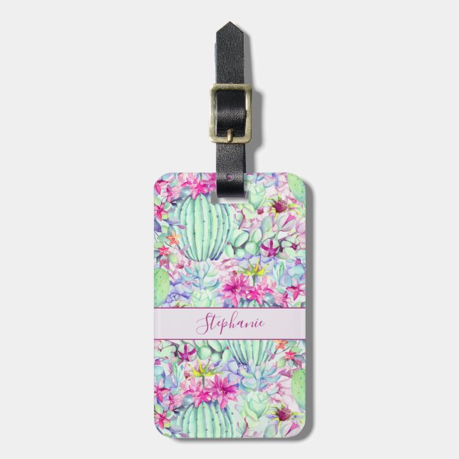 Cactus Succulent Floral Foliage Name Luggage Tag (Front Vertical)