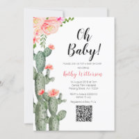 Cactus Succulent girl baby shower Pink Flowers QR