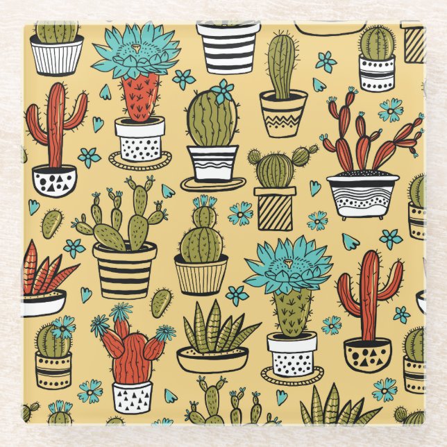 Cactus Succulent: Hand Drawn Sketch Glass Coaster (Front)