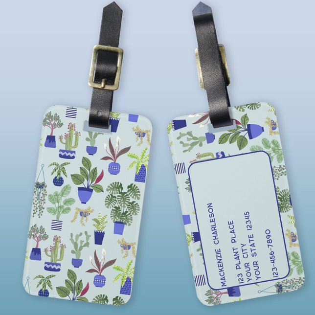 Cactus Succulent Houseplant Luggage Tag (Cactus, succulent and housepant pattern personalized  luggage tag for indoor gardeners)