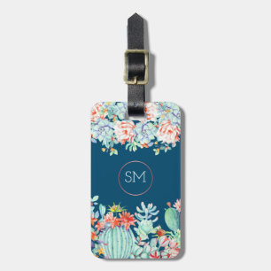 Cactus Succulent Monogram Ocean Blue Personalised Luggage Tag