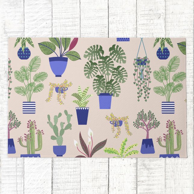 Cactus Succulent Pattern Doormat (Cactus succlent houseplant blush pink, blue and green botanical art door mat)