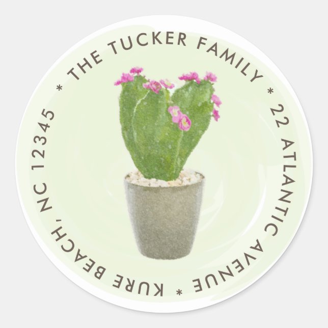 Cactus Succulent Pink Floral Potted Plant Address  Classic Round Sticker (Front)