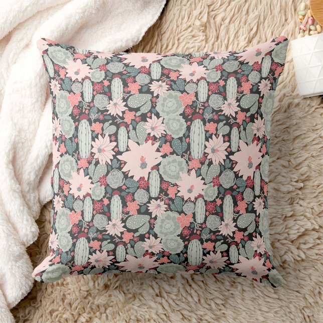 Cactus Succulent Plants In Pinks Mint Pattern Cushion (Cactus And Succulent Plants Pink Mint Pattern Throw Pillows from Jenn's Emporium. )