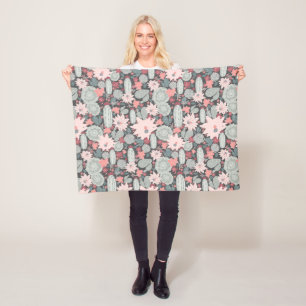 Cactus Succulent Plants Pattern In Mint And Pinks Fleece Blanket
